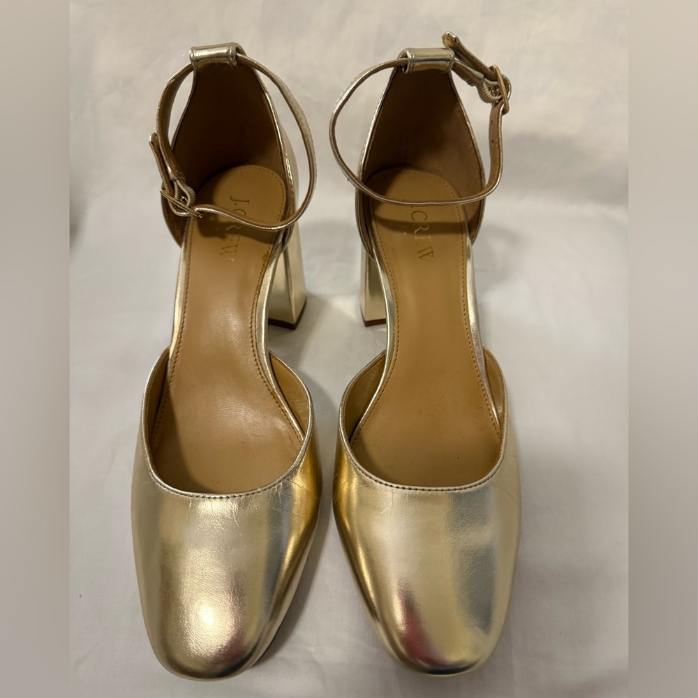 J. Crew Metallic Block Heel with Ankle Strap